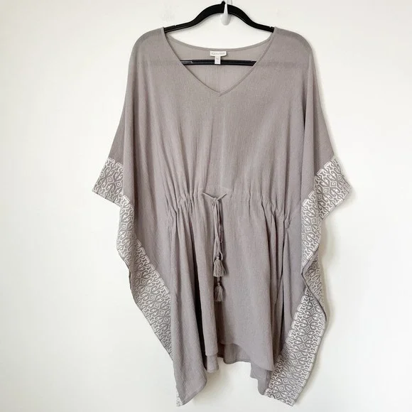 Garnet Hill Embroidered Kaftan Swim Cover Up Gray White Drawcord Tassel Large - Picture 1 of 9